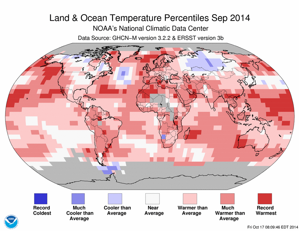 Earth temperature percentiles for September 2014. Dark red patches were record warmest, while lighter red patches were warmer than average. Image courtesy of the NOAA. 